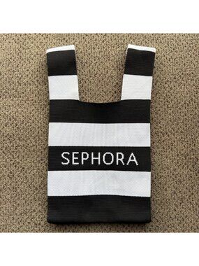SEPHORA Black White Stripe Knitted Tote Shopping Bag Limited Edition 8"x13.5"